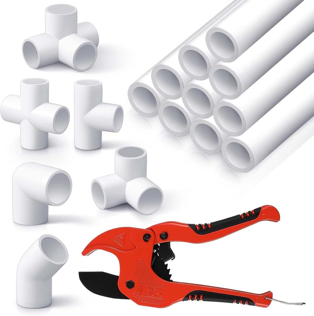 Tellegloww 10 Pcs 1/2 Inch x 3 ft PVC Pipe with 42 Pcs PVC Pipe Fittings Elbow Set and 1 Cutter White DIY Projects Connection Tee for Home, Greenhouse, Farm, Workshop, Garden