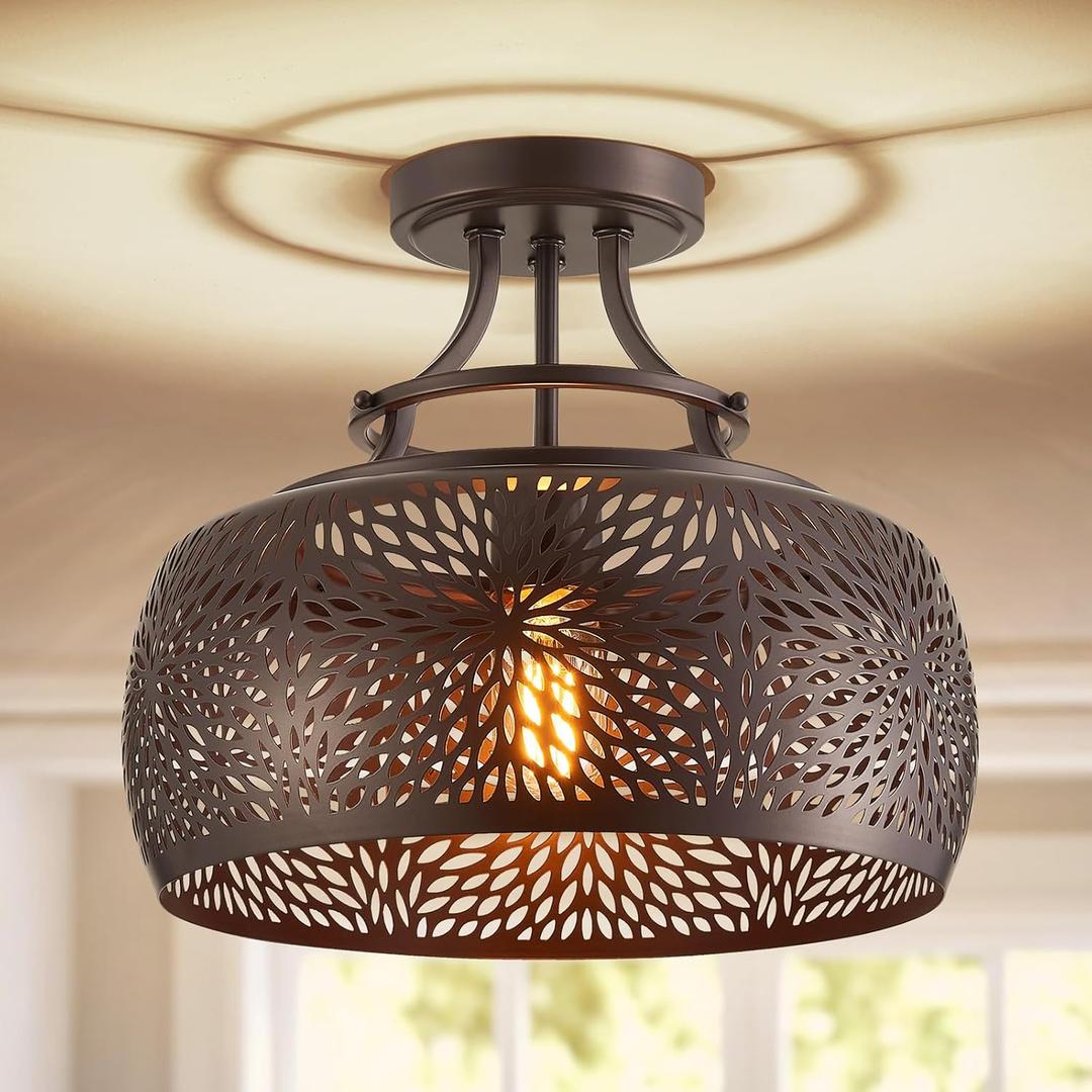 WUZUPS Chandelier Rustic Farmhouse Industrial Round Semi-flushmount Ceiling LED Light Fixture with Later-Cut Openwork Drum Shade, H 11.8" x W 13.4", Oil Rubbed Bronze, Ceiling Light, 11.8" High 13.4" Wide