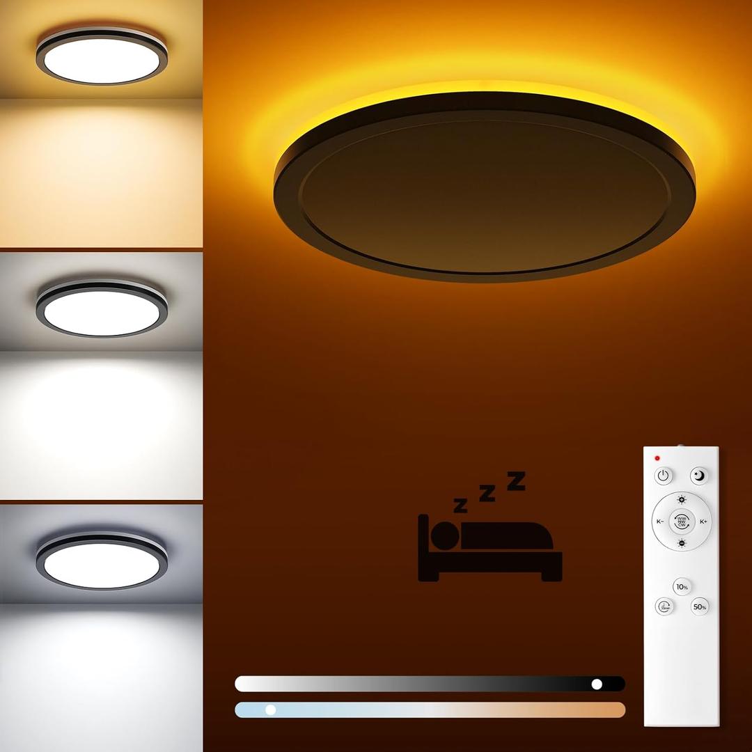 Matane Flush Mount Ceiling Light Fixture with Remote Control, Nightlight 8.7 Inch 18W 3000K-6500K Adjustable, Led Low Profile Ceiling Lights for Bedroom, Living Room,Dining Room, Kitchen, Round Black