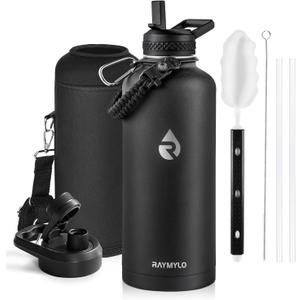 Insulated Water Bottle 87 oz, Triple Wall Vacuum Stainless Steel (Cold for 48 Hrs), Leak Proof & Non-BPA, Modern Water Flask Jug with Paracord Handle & Straw Spout Lids, Magic Black