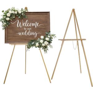 DJAR 63" Wooden Easel Stand for Sign, Dual-use Adjustable Height, Wood Floor Display Easel for Wedding, Welcome Board, Poster, Picture, Photo- Gold