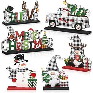 Capoda 6 Pcs Christmas Table Decorations Wooden Christmas Table Centerpieces Xmas Snowman Santa Claus Gnome Signs Merry Xmas Toppers for Holiday Party Supplies(White, Black)