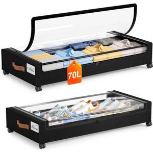 Yecaye Under Bed Storage with Wheels 2Pack, 70L Larger Capacity Under Bed Storage Containers, Underbed Shoe Storage Organizer, Rolling Under Bed Metal Drawers for Clothes, Blankets(35.5 x 17 x 6.7in) (Black)