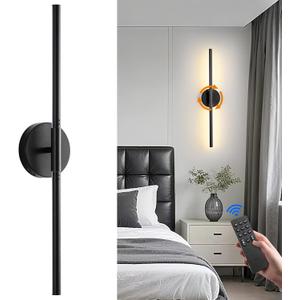 Battery Operated Wall Sconce, Modern Wireless Wall Lights with Remote & Touch Control, 24 Inch Black Dimmable Rechargeable LED Wall Lamps with 3 Colors & Timer for Bedroom, Living Room, Hallway