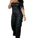 SEMATOMALA Women's PU Faux Leather Jumpsuit Sexy Off Shoulder Top Cargo Pants High Waist Wide Leg Long Rompers Overalls, XL 