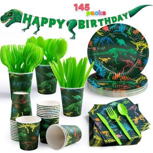JOYIN 145 Piece Dinosaur Birthday Party Supplies with Trex Banner, 24 Serves dinosaur Disposable Tableware Set with Plates, Cups, Napkins, and Cutlery Sets for Dinosaur Themes Party Kids Years