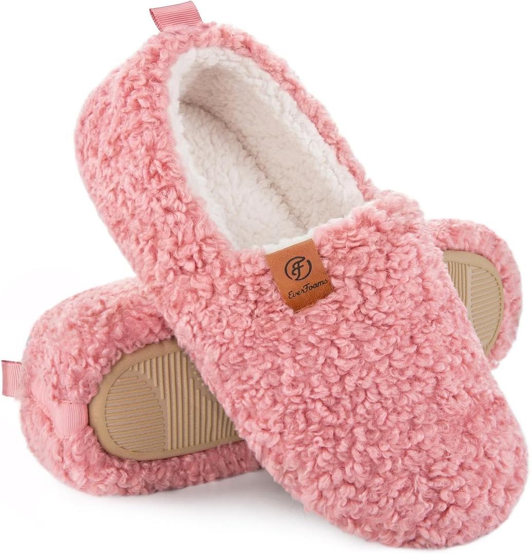 EverFoams Womens Soft Curly Full Slippers Memory Foam Lightweight House Shoes Cozy Loafer with Polar Fleece Lining (8.5, Pink)