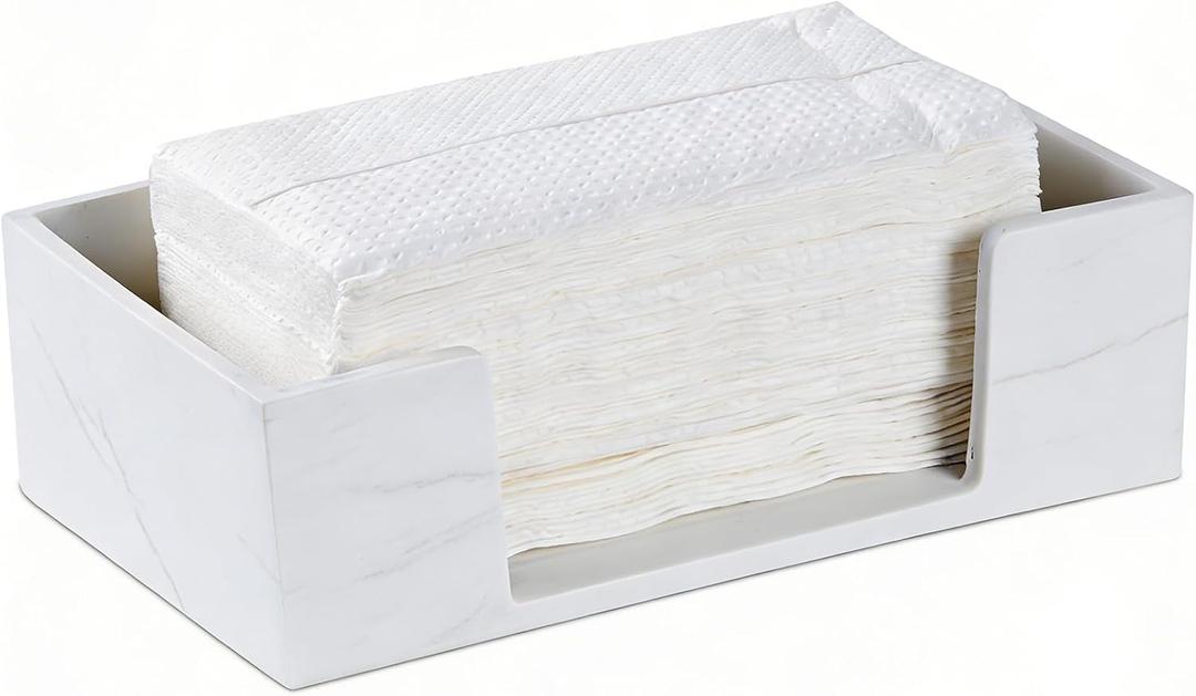 Marble White Napkin Holder for Bathroom, Countertop Paper Towel Dispenser for Kitchen, 10"L x 6"W for Multifold, C Fold, Trifold, Z Fold - Disposable Hand Towel Organizer, Guest Towels Holder