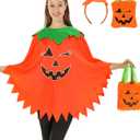 3Pcs Pumpkin Costume Adult,Glow in the Dark Poncho for Women with Headband and Candy Bag for Halloween