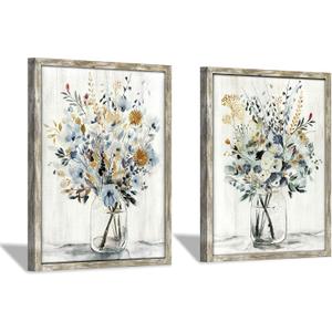 Floral Picture Wall Art Painting: Blossom Bouquet Flowers Prints on Rustic Wood and Handcrafted Wooden Framed Artwork for Home and Bedroom (12 x 16 x 2pcs)