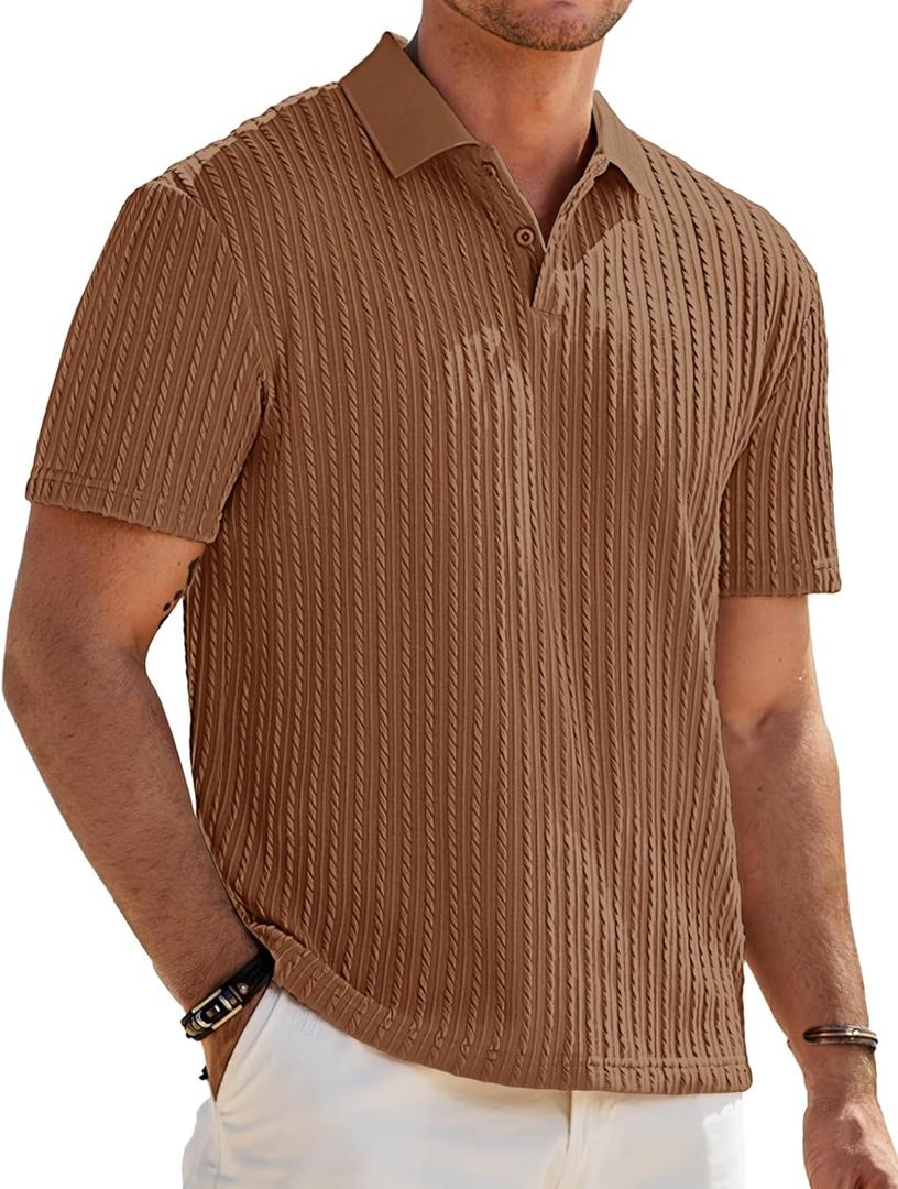 JMIERR Mens Casual Polo Shirt Summer Short Sleeve Vacation Button Beach Knit Stretchy Golf Shirts (Brown, L)