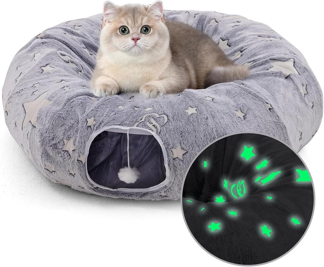 Cat Tunnel Bed for Indoor Cats with Washable Cushion Cat Cave Donut Tunnel with Fluffy Ball Big Round Tube Pet Playground Toys Soft Plush Peekaboo for Kitten, Cat, Puppy, Rabbit, Ferret（Moon Star）