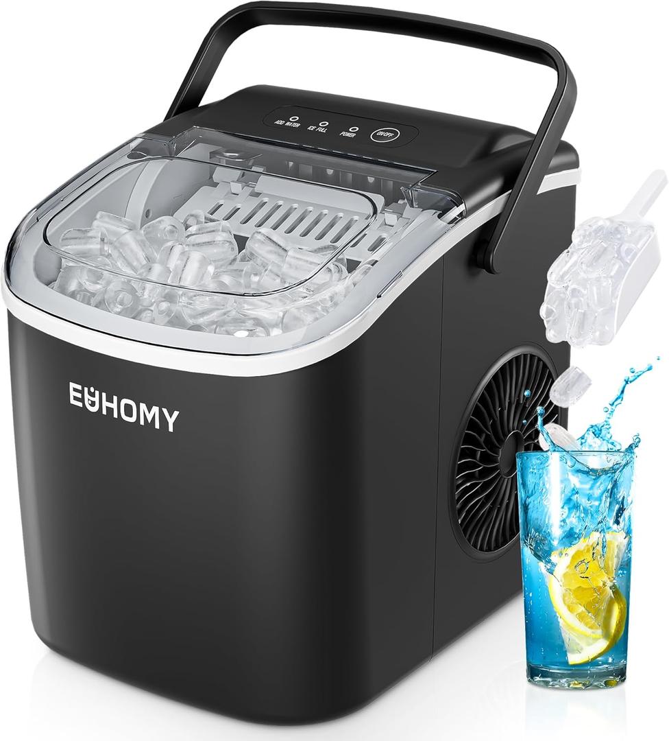 EUHOMY Countertop Ice Maker Machine with Handle, 26.4lbs Per Day, 9 Ice Cubes Ready in 6 Mins, Auto-Cleaning Portable Ice Maker with Basket and Scoop, for Home/Kitchen/Camping/RV (Black)