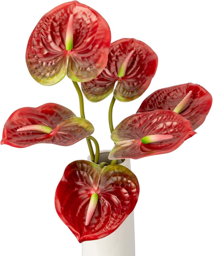 8PCS 22.8 inch Anthurium Artificial Flowers Red Faux Silk Anthurium Real Touch Flower Faux Floral Arrangement for Vase Table Centerpieces Wedding Christmas Garden Home DecorationRed