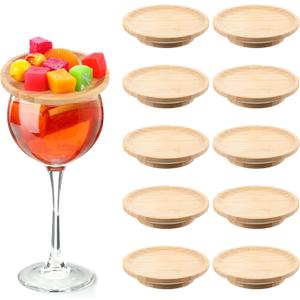 cobee 10 PCS Wine Glass Charcuterie Toppers, Bamboo Round Wine Glass Charcuterie Board Topper Coasters Plate Appetizer Plates for Family Gatherings Christmas Party Restaurants Bars