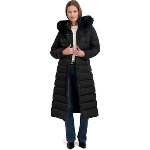 TAHARI Women's Maxi Puffer Coat, Attached Bib, Faux Fur Hood Trim, Hand Warmer Pockets, Long Puffer Coat (Black) XXS