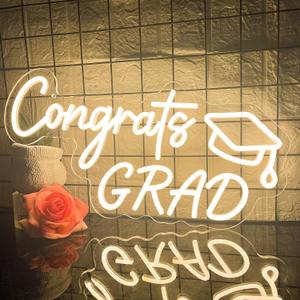 Congrats Grad Neon Sign with Graduation Cap Led Sign, Warm White Grad Neon Light for Wall Decor, Dimmable Congrats Light Up Sign for Class Party Birthday Room Dorm Backdrop Celebration Presents