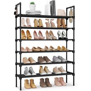 LANTEFUL 6 Tier Shoe Rack for Closet Shoe Organizer with 5 Hooks, Long Shoe Shelf Storage for Shoe and Boot Stackable Free Standing Shoe Rack for Entryway, Garage, Small Spaces, Dorm, Black