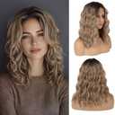 16 Inch Medium Length Wavy Ombre Ash Blonde Synthetic Wig with Adjustable Bands for Women – Natural Middle Part Design for Daily Wear, Parties, or Halloween