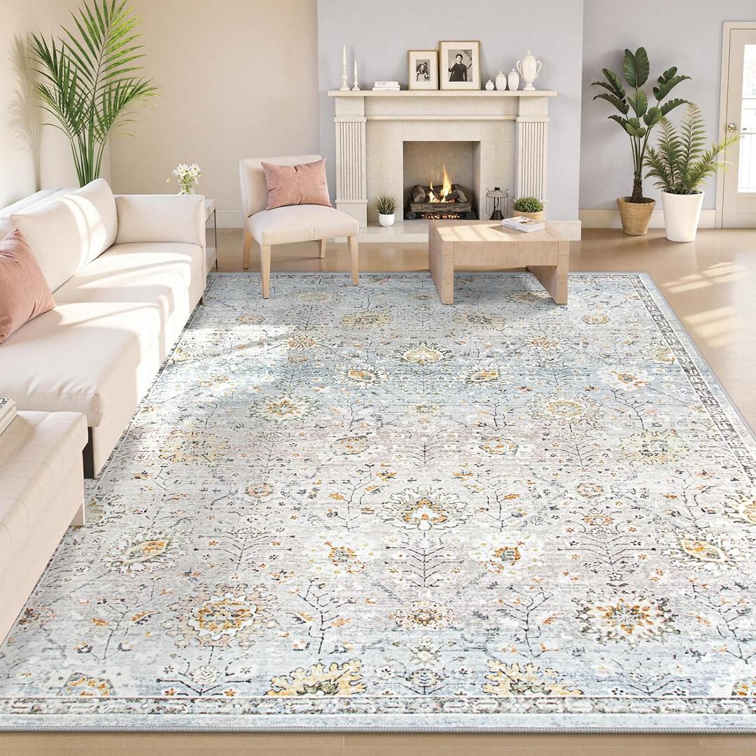 Lahome Boho Light Blue Area Rug 8x10 for Living Room, Soft Floral Rugs for Bedroom Aesthetic, Washable Floor Carpet Non Slip Indoor for Dining Room Home Decor (Blue/Grey)