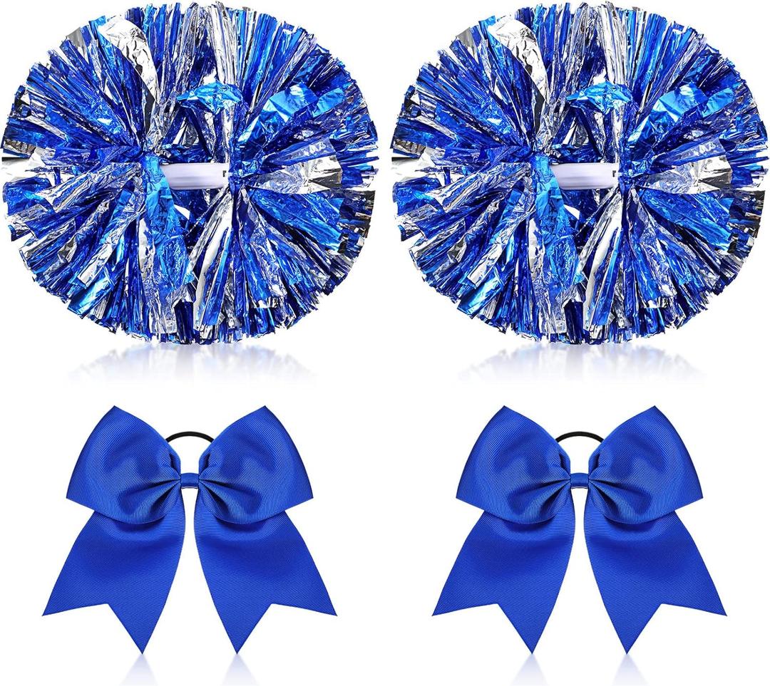 4 Pcs Cheerleading Pom Poms with Baton Handle and Cheerleader Hair Bows, 14 Inch Metallic Cheer Supplies for School Team Spirit Sports Dance Cheering (Blue)