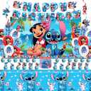 Stitch Party Supplies, Birthday Party Decorations Set Include Banner, Backdrop, Balloons, Hanging Swirls, Cake Cupcake Toppers, Tablecloth for Boys Girls Stitch Party Decorations