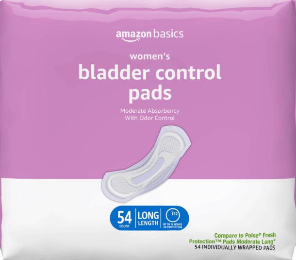 Amazon Basics Incontinence Pads for Women, Postpartum, Long, Bladder Control, Moderate Absorbency, Unscented, 54 Count 1 Pack