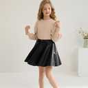 Girls Skirt Sets 2 Piece Outfits Long Sleeve Puff Mock Neck Tops and Plaid Skirts Fall Winter Clothes Size 6-14Y (Beige)