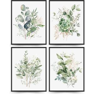 PLKMN Sage Green Botanical Wall Art Set of 4, Modern Wildflower Prints, Floral Plant Decor for Bedroom, Bathroom, Farmhouse, 8x10 Inch, Unframed