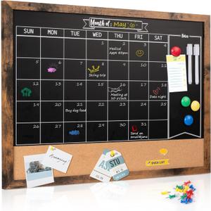 Board2by Monthly Chalkboard Calendar & Cork Board for Wall, 18" x 24" Magnetic Chalk Calendar Board Combo Board, Wall Mounted Combination Board Blackboard with Pens for Office, Kitchen, School, Home (Rustic Brown)