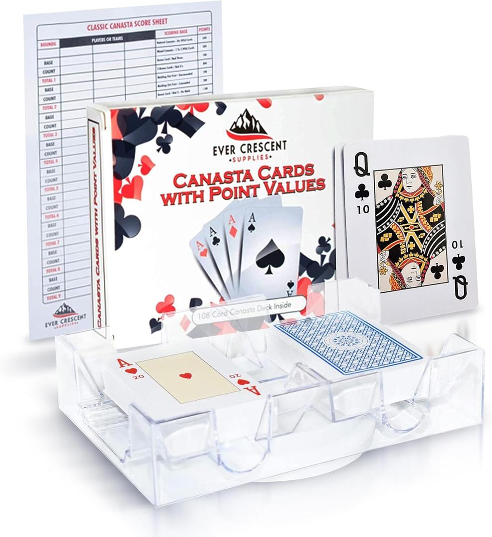 Canasta Cards with Point Values, Tray and Score Pads Set. Includes 2 Deck of Cards, Revolving Holder, and 50 Scoring Sheets