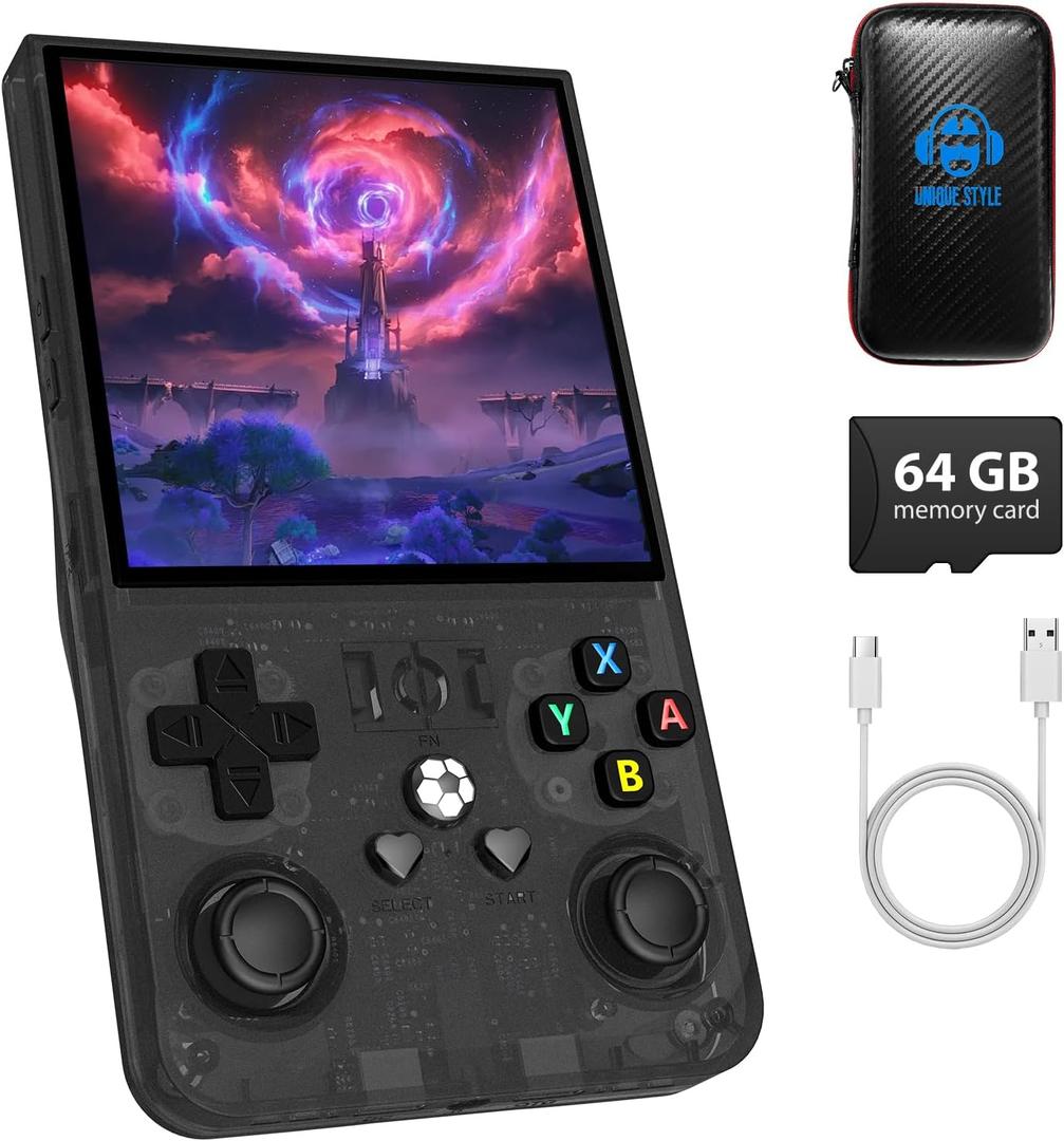 R36MAX Handheld Game Console, Retro Gaming Console with 4000mAh Battery 4.0IPS Screen, Open Source Linux System, with 64GB TF Card Portable Video Gaming Console, Transparent Black