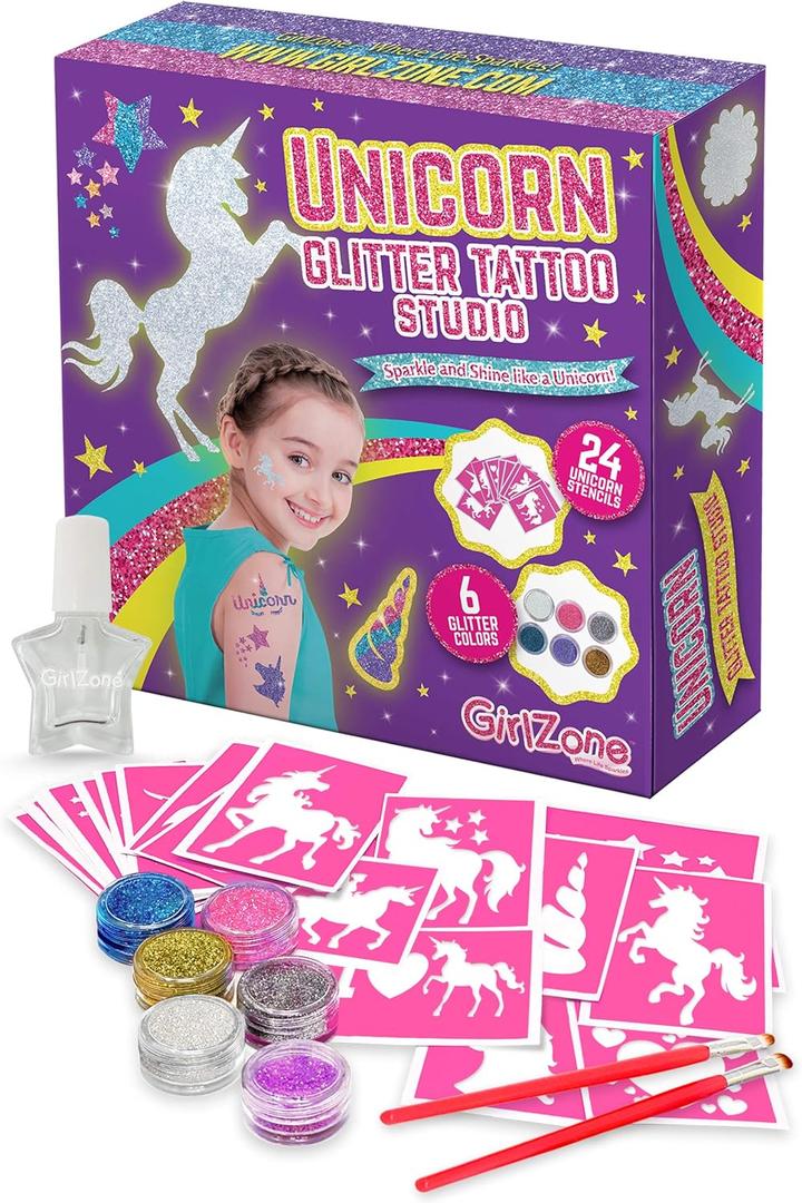 GirlZone 33 Fun Pieces Unicorn Glitter Tattoo Kit for Kids, Face & Skin-Friendly, Includes 24 Stencil Designs, 6 Colorful Cosmetic Glitters, 2 Brushes & 1 Body Adhesive, For Ages 3+