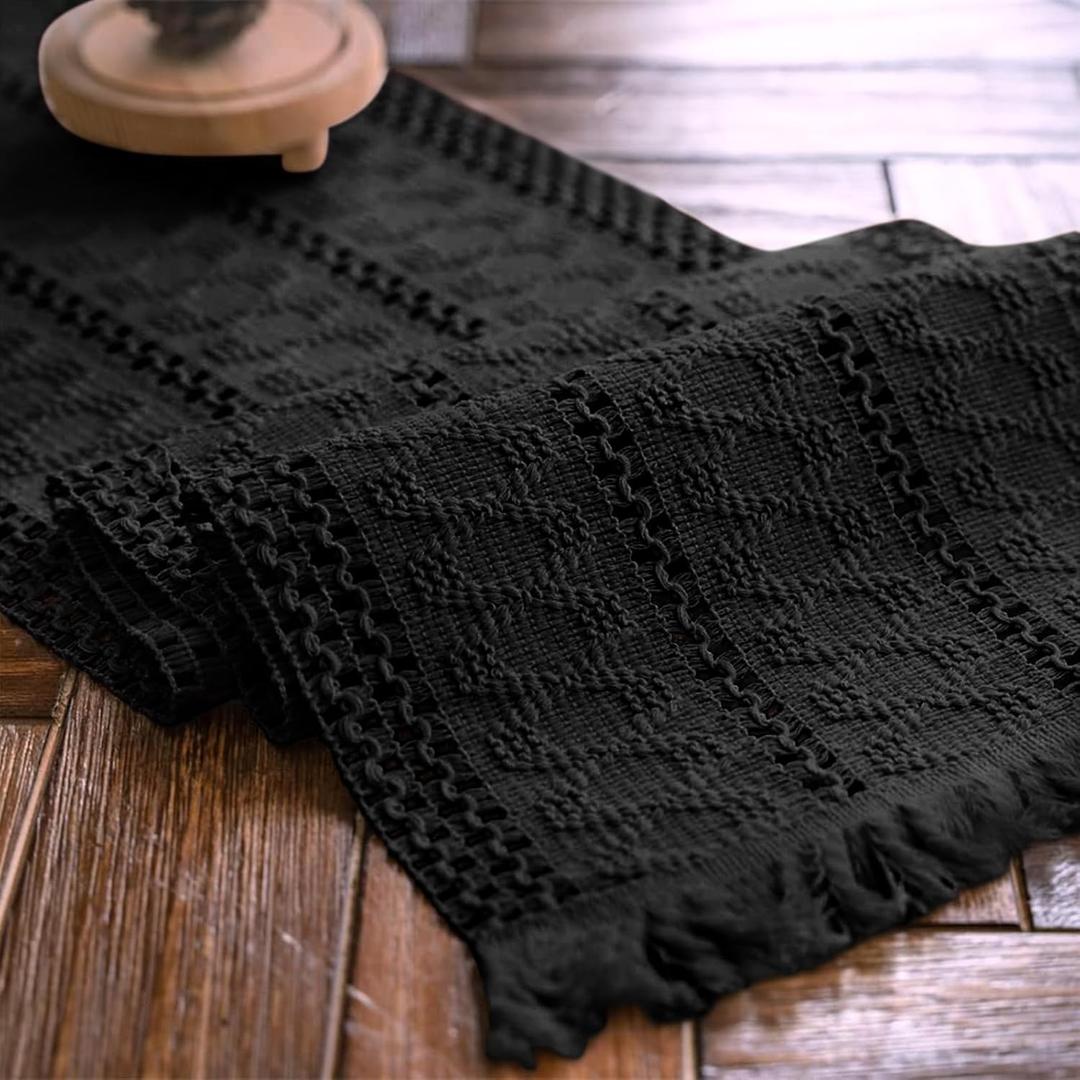 Alynsehom Macrame Table Runner Pure Black Boho Table Runners with Tassels Hand Woven Cotton Table Runner Rustic Farmhouse Table Runners for Bohemian Kitchen Dining Table(12x60in)