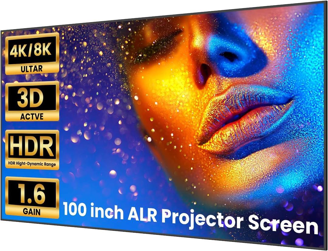 BIGASUO ALR Projector Screen 100 inch, 1.6 Gain Ambient Light Rejecting Projection Screen, 16:9 Anti-Crease Indoor Projector Screen, 4K HD Fixed Frame 3D Movie Screen for Home Theater, Easy to Instal