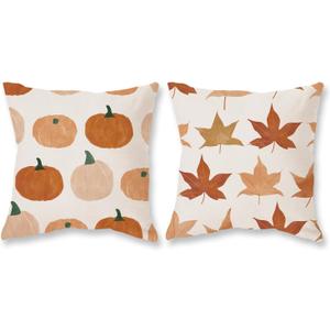 2 x TAJWE Fall Pillow Covers 18x18 Inch Set of 2 Orange Maple Leaves Pumpkins Autumn Pillowcases Farmhouse Decorative Seasonal Thanksgiving Harvest Cushion Cases for Sofa Couch Home Decor
