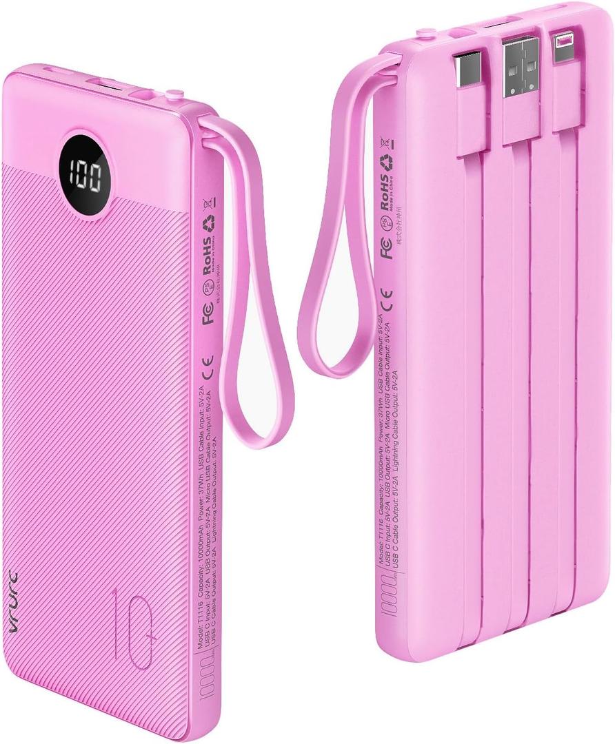 VRURC Portable Charger 10000mAh, Travel Essentials Battery Pack, 5 Output 2 Input Power Bank, Built-in Micro & USB C Cables Phone Charger Compatible with iPhone, Samsung, Android-Purple(1 Pack)