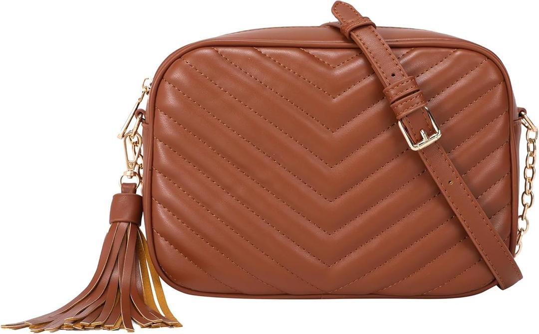 Daisy Rose Quilted Shoulder Cross Body Bag & Detachable Tassel, PU Vegan Leather (Brown)