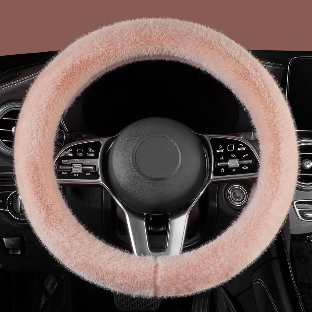 LACDL Fuzzy Winter Steering Wheel Covers for Women, Warm Cute Fluffy Car Wheel Cover for Sedan SUV, Super Soft Furry Girly Auto Plush Car Handle Cover for Cold Weather, Pink, 14-15inch, Standard Size