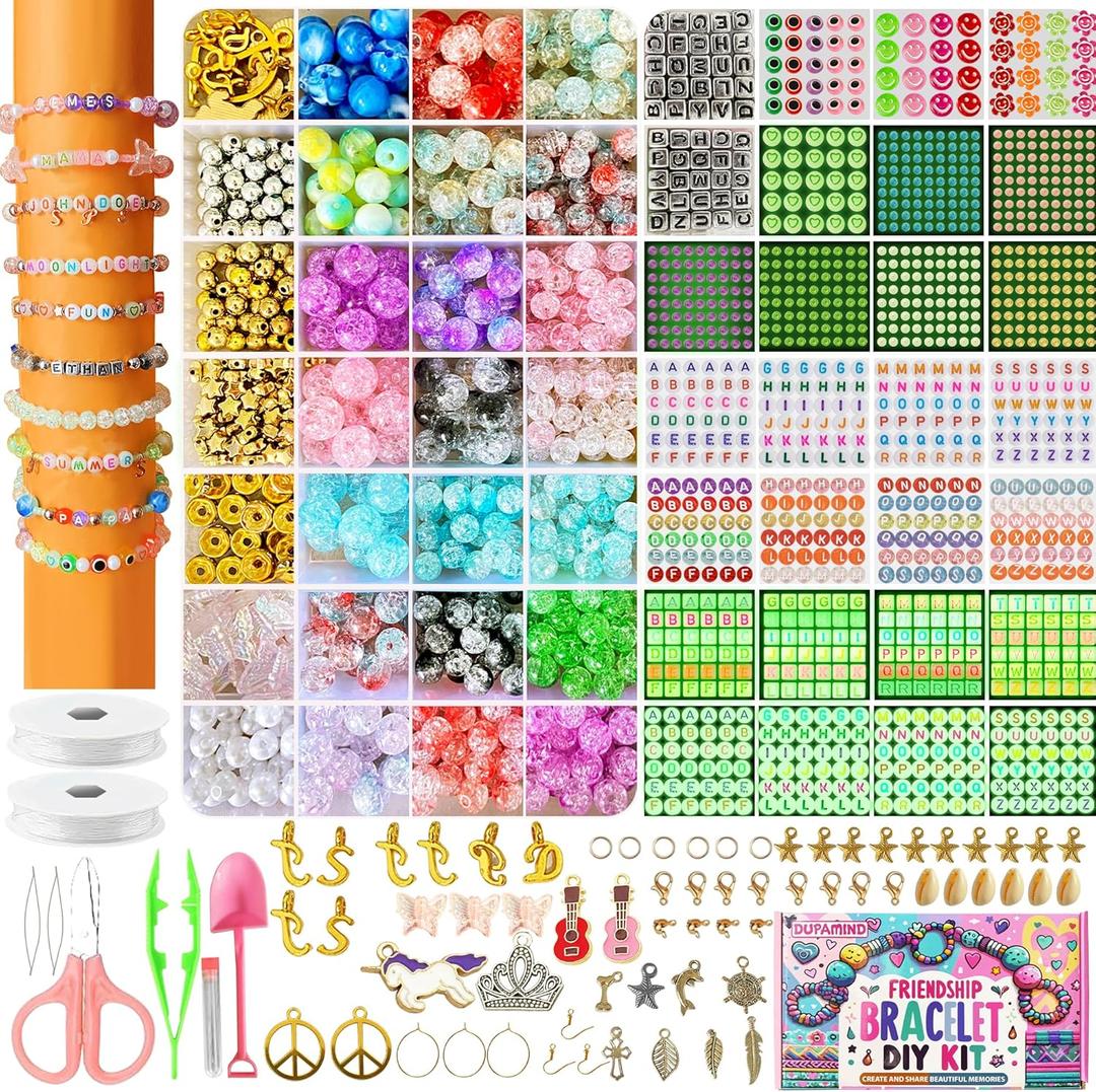 Dupamind 5000PCS Friendship Bracelet Making Kit for Girls, Glow in The Dark, Rainbow Crystal Glass Beads, Letter & Heart Beads, 20 Meter Elastic Threads, Craft Gift for Kids Birthday Party