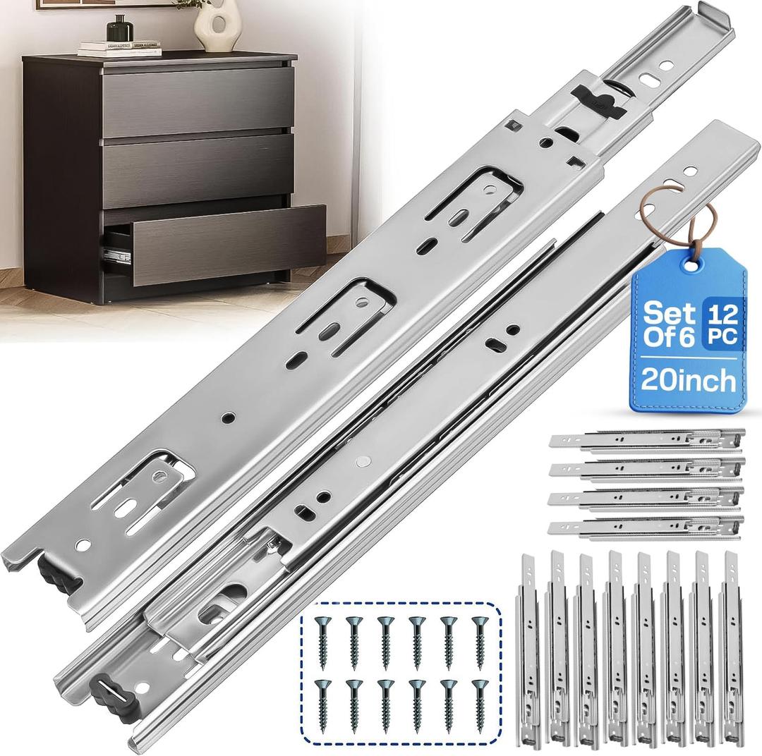 20 Inch Drawer Slides 6 Pairs (12pcs) Heavy Duty Full Extension Ball Bearing, Side Mount Drawer Rails, 20" Drawer Slide Glides for Dresser, Cabinet, Kitchen -Draw slides Sliders 100LB Capacity