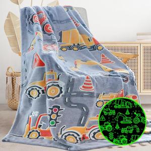 Glow in The Dark Blanket Boys Gifts for Kids Fuzzy Cozy Warm Soft Fleece Glowing Tractor Blankets for Bed Sofa Couch Unique Gifts Construction Truck Throw Blanket for Boys Teens 50"60"
