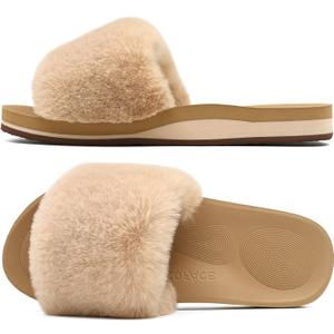 COFACE Womens Slippers with Arch Support Comfy Open Toe Fuzzy Woman House Shoes Plantar Fasciitis Orthotic Ladies Slippers Indoor (8, Beige)