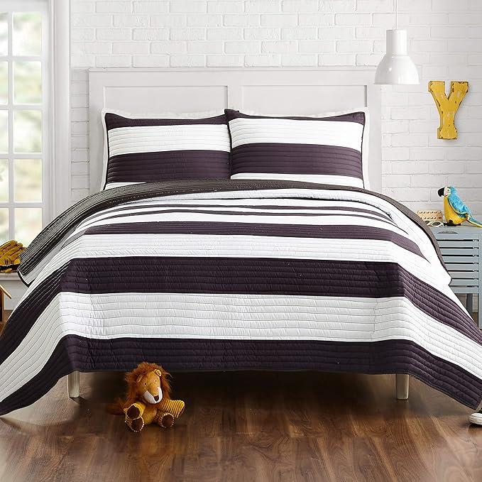 URBAN PLAYGROUND All Seasons Lavelle Black/White Stripe Quilt Set - 2 Piece Lavelle Black White Microfiber Kids Bedding Set, Lightweight, Machine Washable - Twin Size