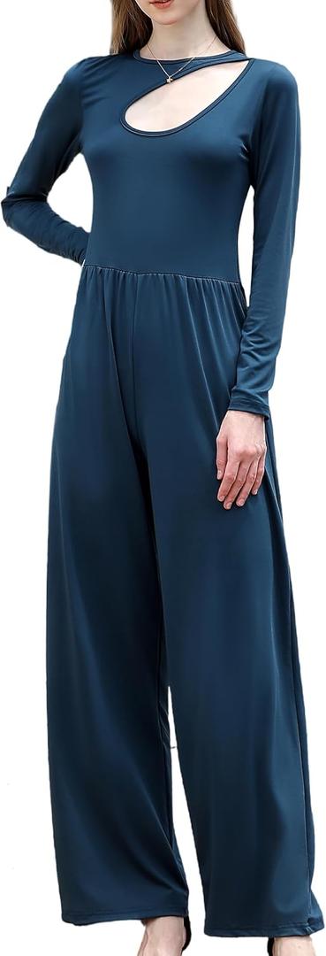 RONGTAI One Piece Jumpsuit for Women Long Sleeve Cutout Neck High Waist Dressy Casual Stright Leg Romper (Blue, L)