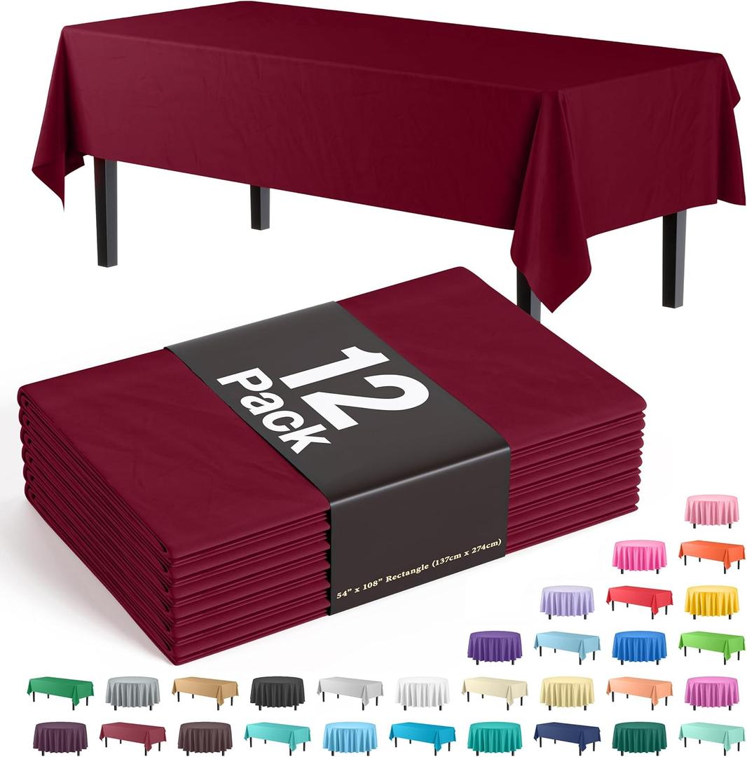 Exquisite 12-Pack Premium Plastic Tablecloth 54in. x 108in. Rectangle - Burgundy