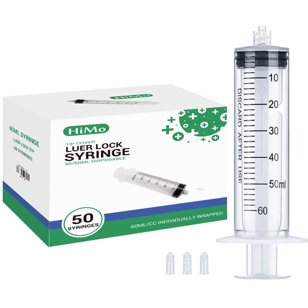 HiMo Pack of 50 - 60mL Luer Lock Syringe without Needle Large Plastic Sterile Syringes with Cap 50mL/60cc