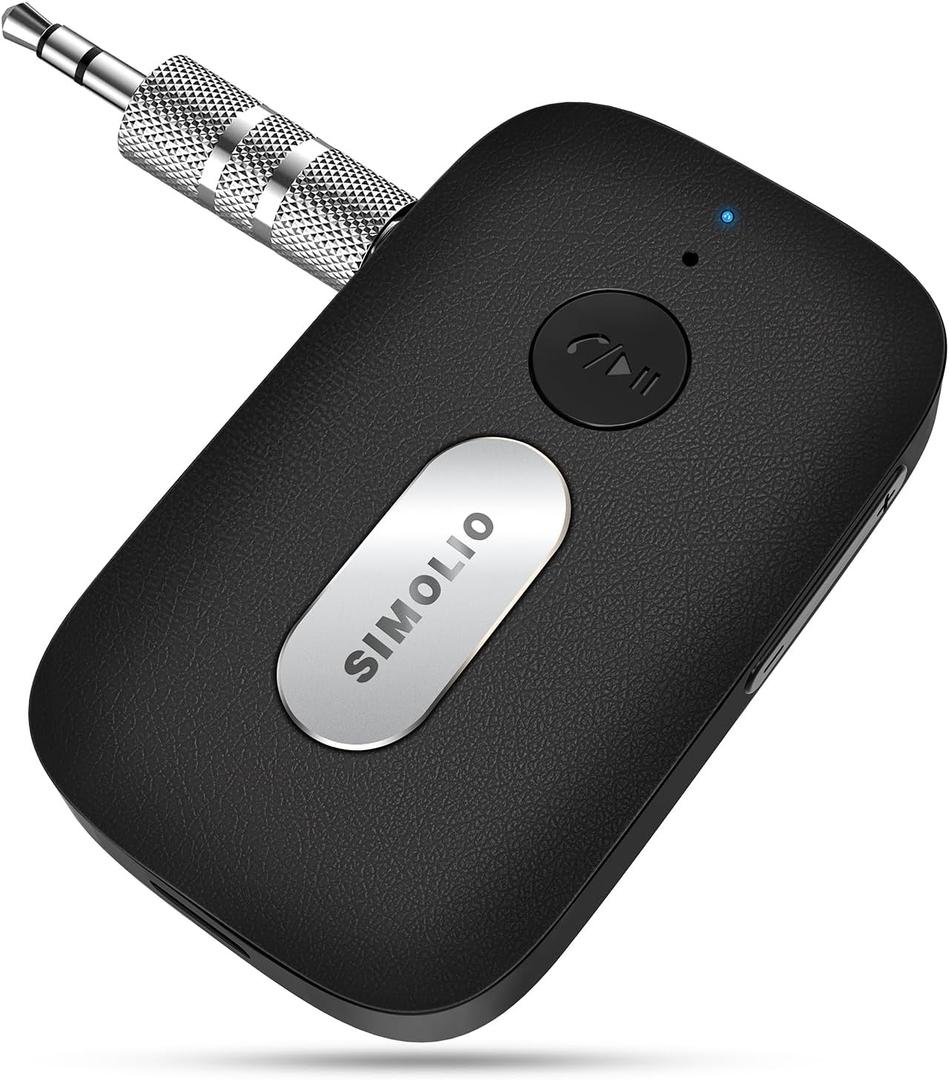 SIMOLIO Bluetooth Receiver for Car, 35H Battery Life, Volume Control, Noise Cancelling 3.5mm AUX Bluetooth Car Adapter, Wireless Audio Receiver for Home Stereo/Wired Headphones/Handsfree Calls