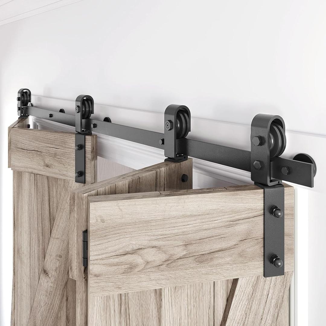 52" Bifold Sliding Barn Door Hardware Track Kit,Side Mounted Black J Shape Roller,Smoothly and Quietly,Assembly Easy,Fit Four 12" Bi-Folding Doors (Door Not Included)