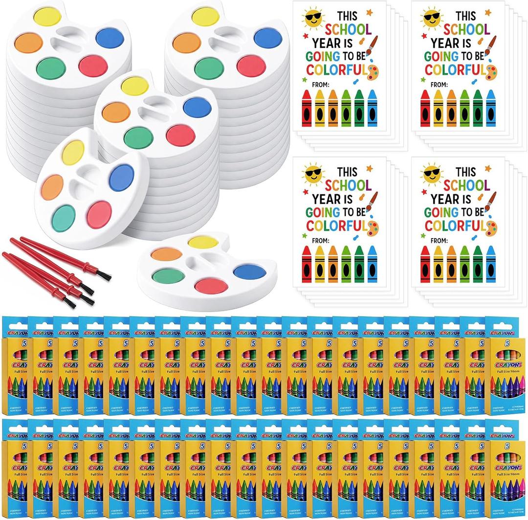 30 Sets Back to School Mini Watercolor Paint Set Bulk | Watercolor Paint Palettes with Brushes, Crayons, This School Year Is Going to Be Colorful Greeting Cards, Classroom Rewards